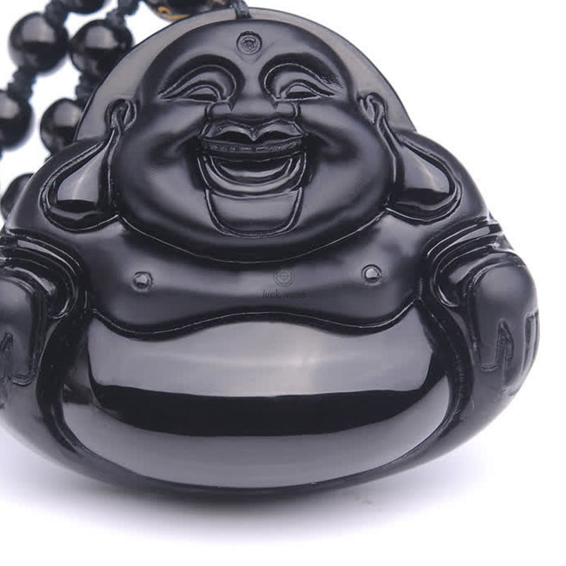 Laughing Buddha Black Obsidian Pendant Necklace - Luck Muse Transformation Collection - Image 8