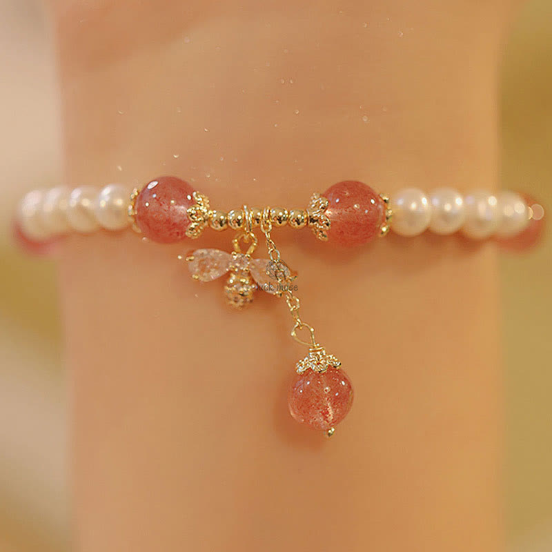 Natural Strawberry Quartz and Pearl Healing Bracelet with Honey Bee Charm - Image 7