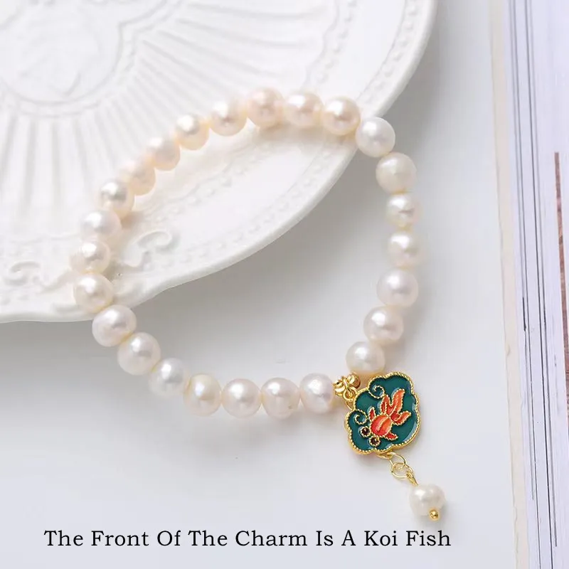 Natural Pearl Lotus Goldfish Optimism Charm Bracelet - Image 2