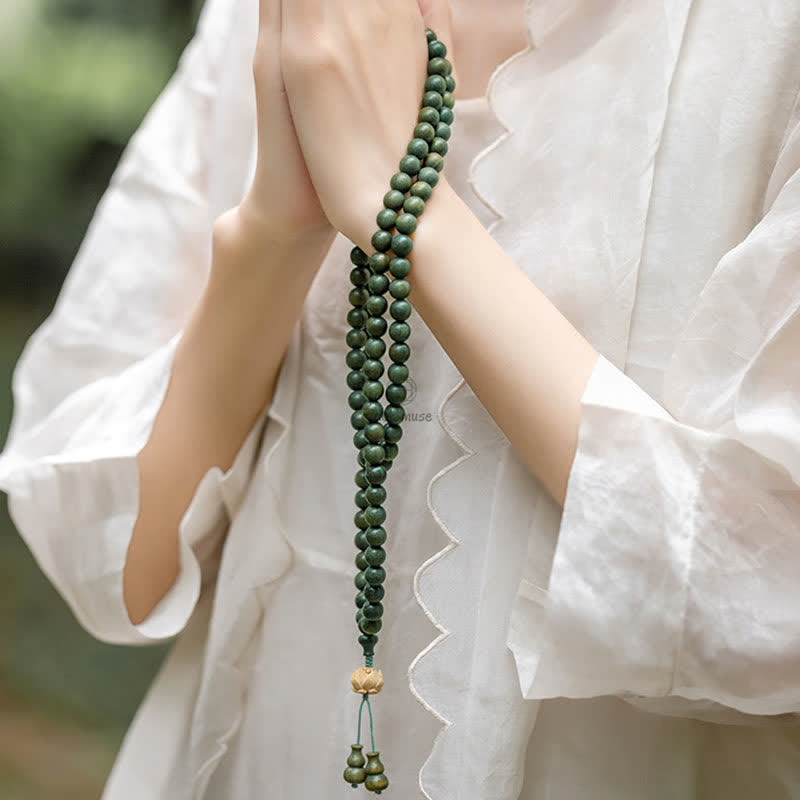 Luck Muse 108 Mala Beads Bracelet with Green Sandalwood Boxwood Lotus Design - Image 3