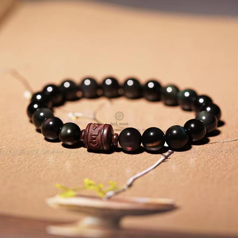 Natural Gold Sheen Obsidian Rainbow Obsidian Om Mani Padme Hum Healing Bracelet - Image 25