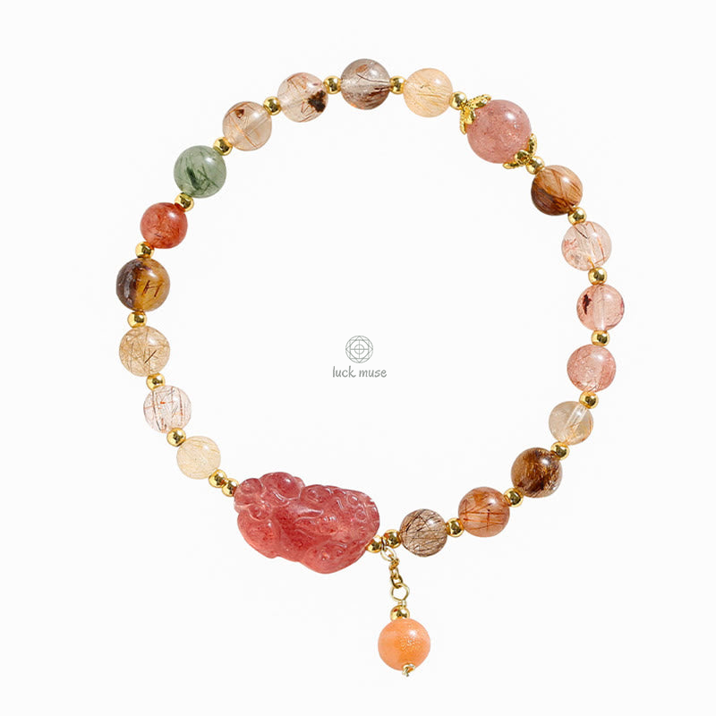 Natural Rutilated Quartz and Strawberry Quartz Wealth Bracelet with Pi Xiu - Image 9