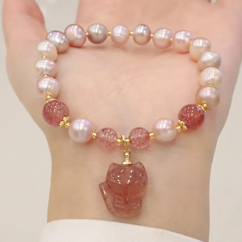 Natural Pearl Strawberry Quartz Love Healing Bracelet with Cute Fox Charm
