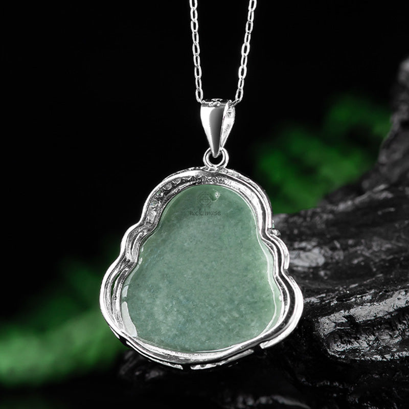 925 Sterling Silver Laughing Buddha Jade Abundance Necklace Pendant - Image 9