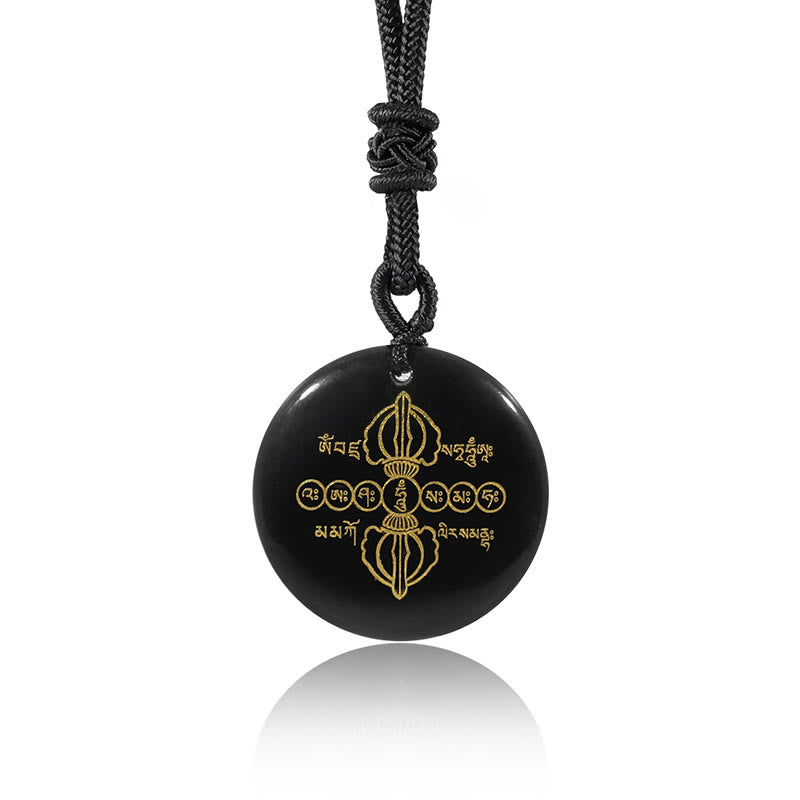 Luck Muse Vajra Dorje Sanskrit Crystal Black Obsidian Necklace Pendant - Image 2