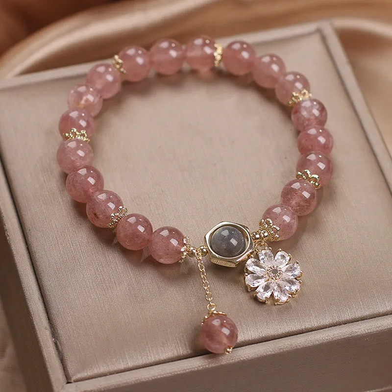 Strawberry Quartz Crystal Daisy Charm Healing Bracelet - Image 3
