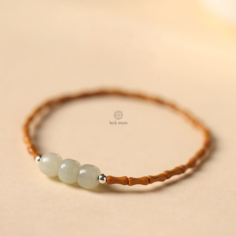 Bamboo Pattern Hetian Jade Beads Luck Bracelet with Luck Muse and Olive Pit - Natural - Image 3