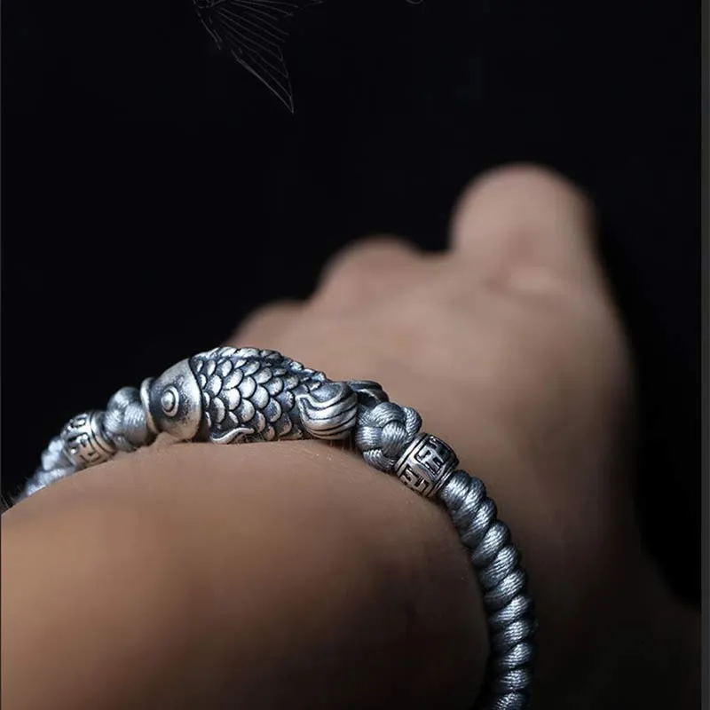 Braided String Bracelet with Silver Koi Fish Design for Good Fortune - Image 13