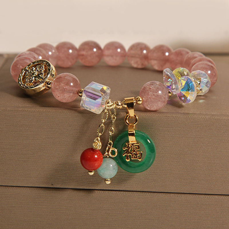 Luck Muse Strawberry Quartz and Jade Fu Character Charm Bracelet for Healing