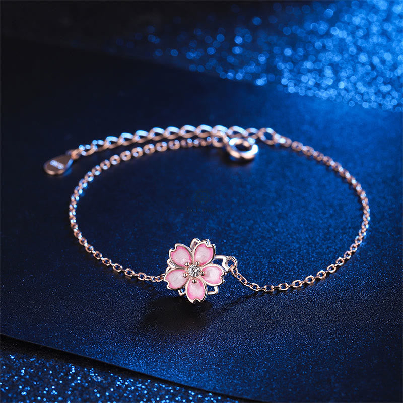 Luck Muse 925 Sterling Silver Cherry Blossom Blessing Bracelet with Rotating Ring