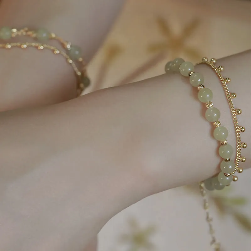 Luck Muse Shop 14K Gold-Plated Double Layer Hetian Jade Bead Bracelet for Luck and Prosperity - Image 13