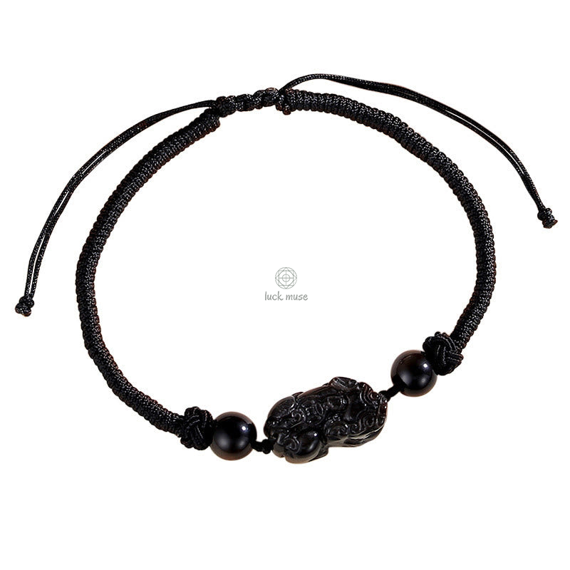 Handmade Silver Sheen Obsidian & Strawberry Quartz PiXiu Protection Bracelet - Image 4