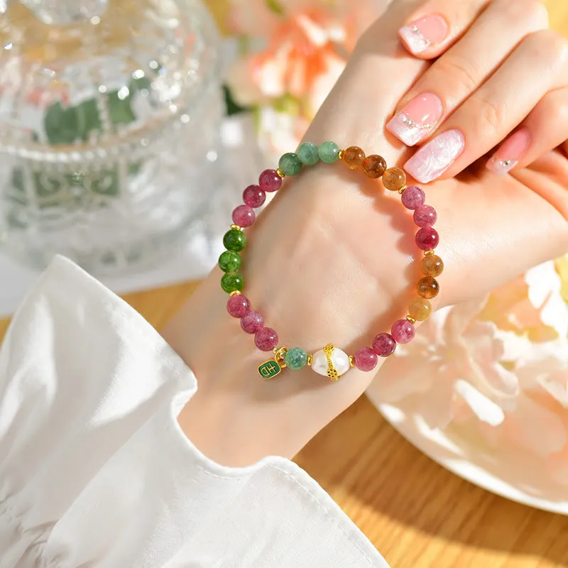 Luck Muse Multicolored Tourmaline Pearl Charm Bracelet