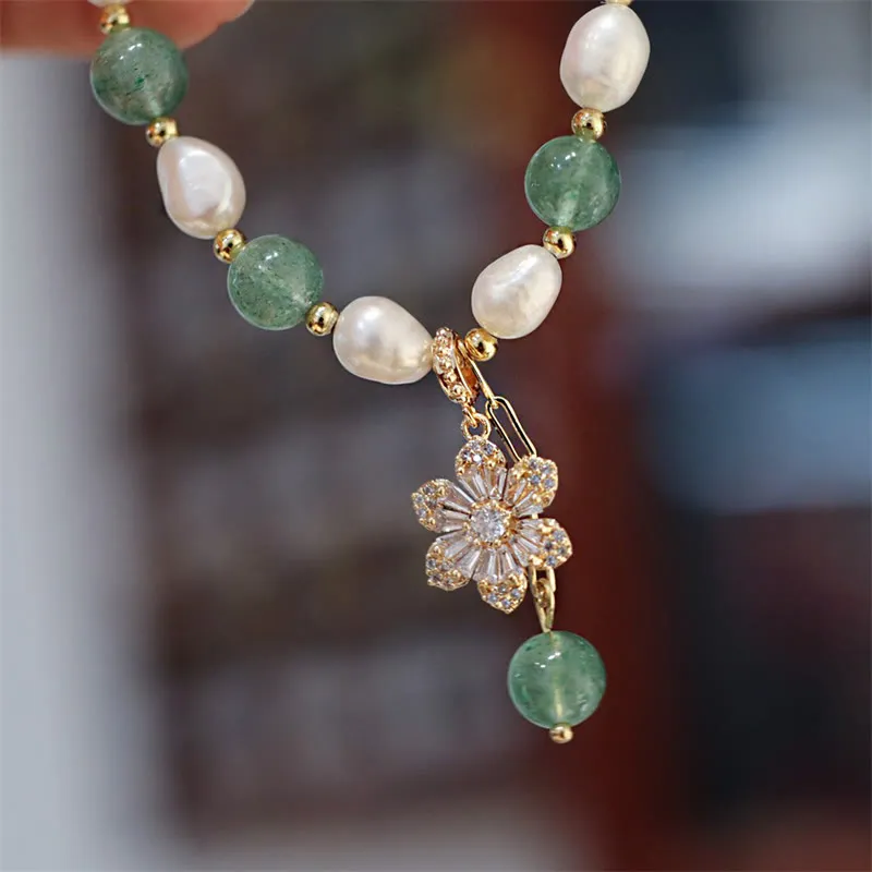 Natural Green Strawberry Quartz Pearl Flower Charm Bracelet - Image 2