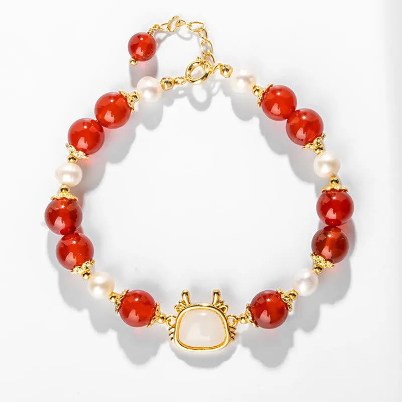 Luck Muse Year of the Dragon 14K Gold-Plated Red Agate Pearl Fu Character Chain Bracelet - Image 4