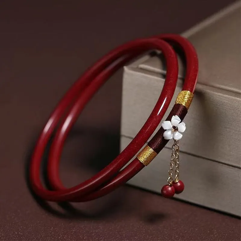 Luck Muse Cinnabar Flower Double Bangle Bracelet for Blessings
