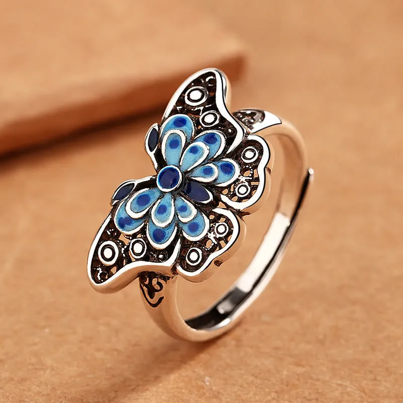 Blue Butterfly Enamel Hollow Love Ring by Luck Muse Shop