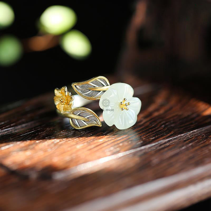 Luck Muse 925 Sterling Silver White Jade Plum Flower Leaf Luck Ring - Image 8