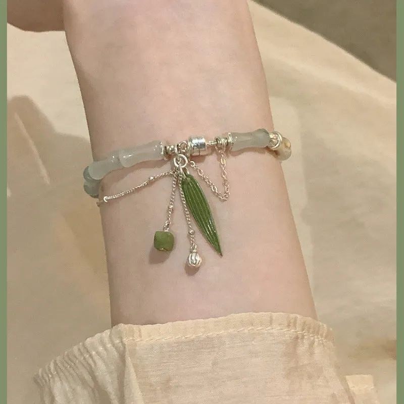 Bamboo Leaf Lantern Charm Happiness Bracelet with Natural White Jade in 925 Sterling Silver - Image 5