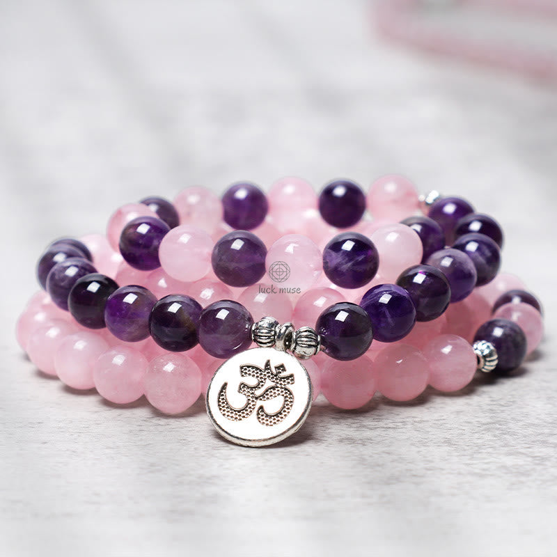 Luck Muse Shop Rose Quartz Amethyst Mala Bead Lotus Pendant Bracelet - Image 5