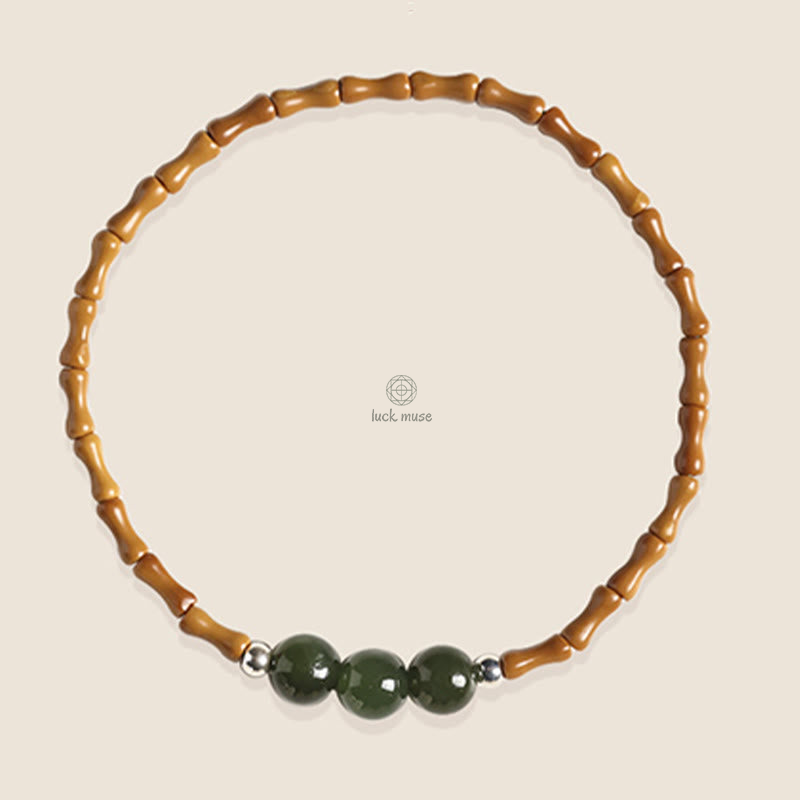 Bamboo Pattern Hetian Jade Beads Luck Bracelet with Luck Muse and Olive Pit - Natural - Image 14