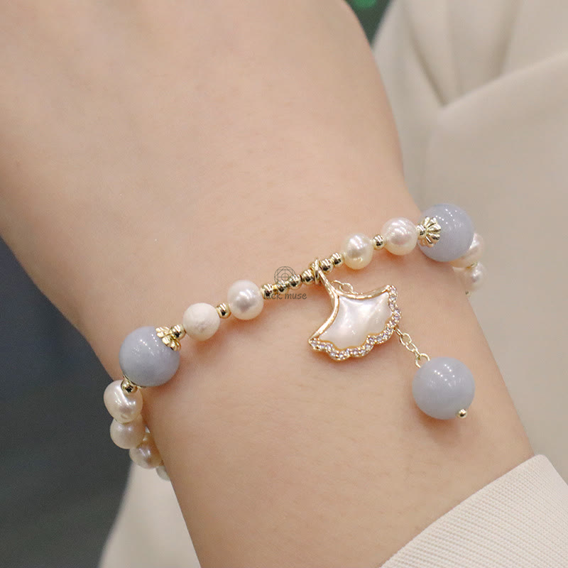 Aquamarine Pearl Healing Bracelet with Ginkgo Leaf and Butterfly Charm - Image 3