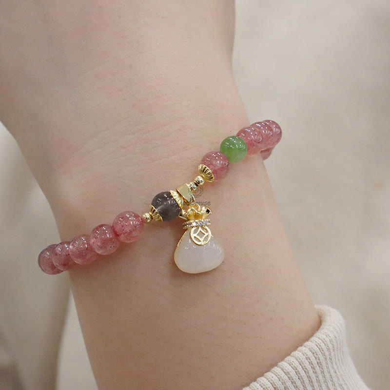 Natural Strawberry Quartz and Jade Peace Healing Bracelet with Coin Purse Buckle - Image 2