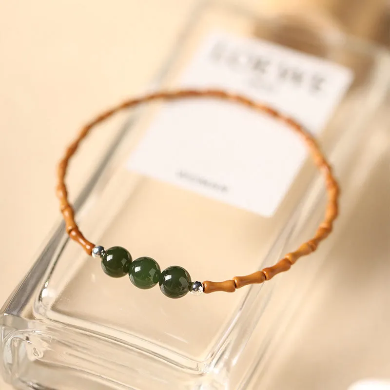 Bamboo Pattern Hetian Jade Beads Luck Bracelet with Luck Muse and Olive Pit - Natural - Image 11