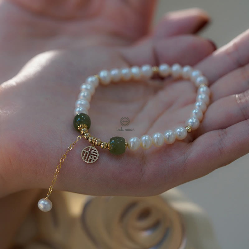 Natural Pearl Hetian Jade Happiness Wisdom Bracelet - Image 11