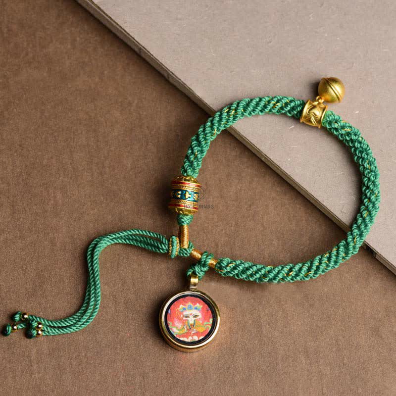 Tibetan Five Deities Wealth Thangka Lucky Prayer Wheel Bell Bracelet - Image 2