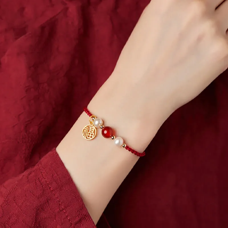 Luck Muse 925 Sterling Silver Fu Character Agate Pearl Red String Braid Bracelet - Image 12