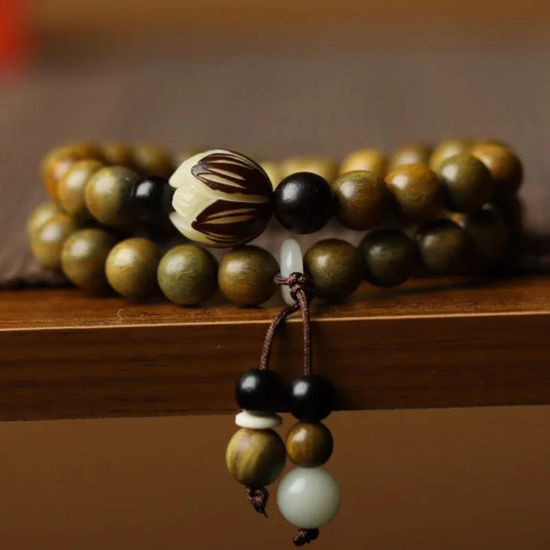 Bodhi Seed and Green Sandalwood Lotus Double Wrap Bracelet