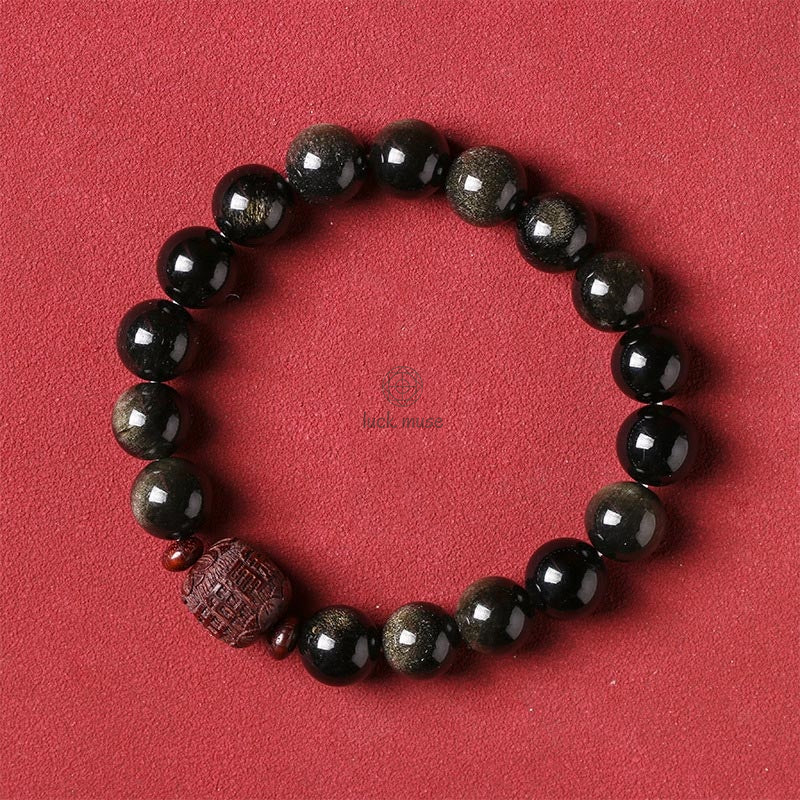 Natural Gold Sheen Obsidian Rainbow Obsidian Om Mani Padme Hum Healing Bracelet - Image 22