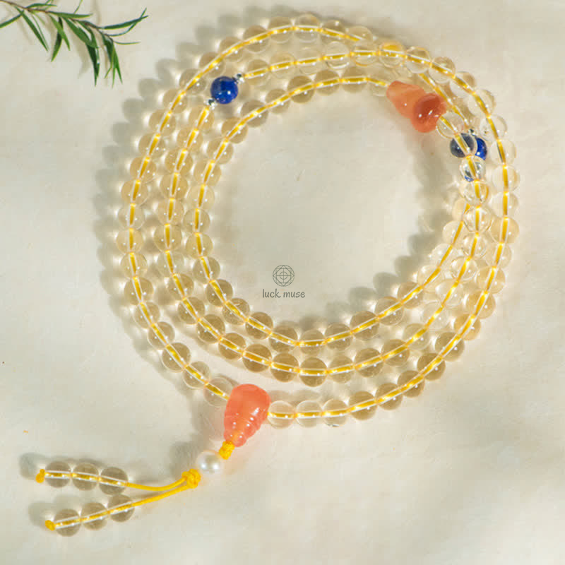 Luck Muse 108 Mala Beads Bracelet with 925 Sterling Silver, Natural Citrine, Red Agate, and White Jade Prosperity Charm - Image 18