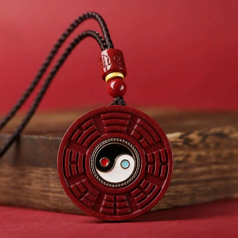 Luck Muse Natural Cinnabar Bagua Rotating Yin Yang Necklace Pendant for Warding Off Evil Spirits