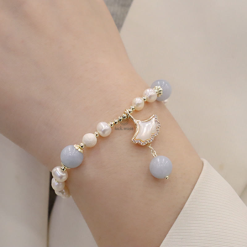 Aquamarine Pearl Healing Bracelet with Ginkgo Leaf and Butterfly Charm - Image 4