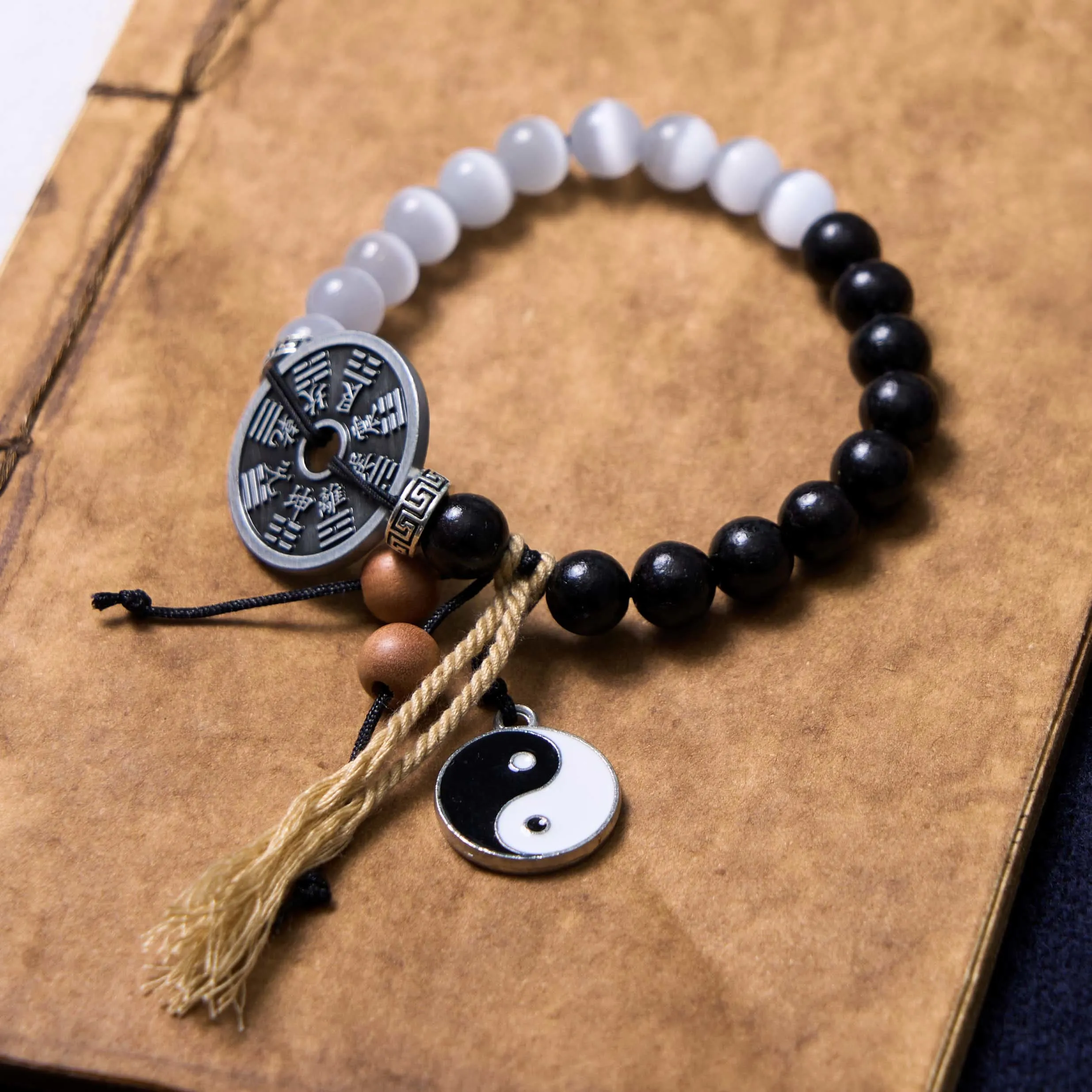 Luck Muse Cat's Eye Ebony Wood Yin Yang Bagua Coin Bracelet