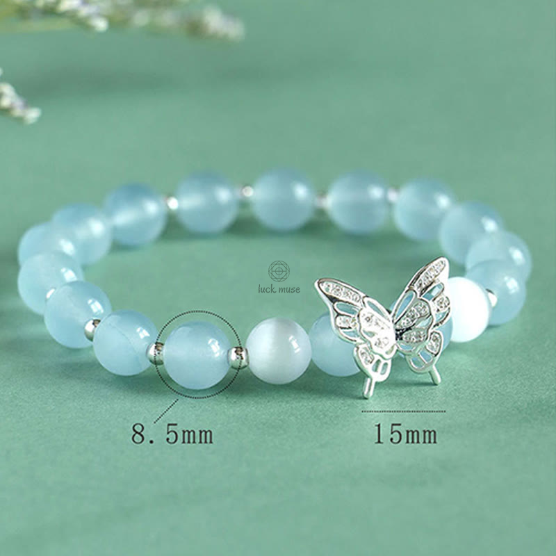 Blue Chalcedony and Pink Crystal Butterfly Energy Bracelet with Luck Muse - Image 3