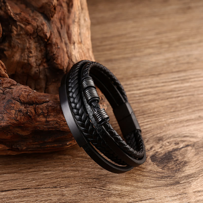 Braided Leather Bracelet with Titanium Steel, Magnetic Buckle, and Balance Feature - Image 2