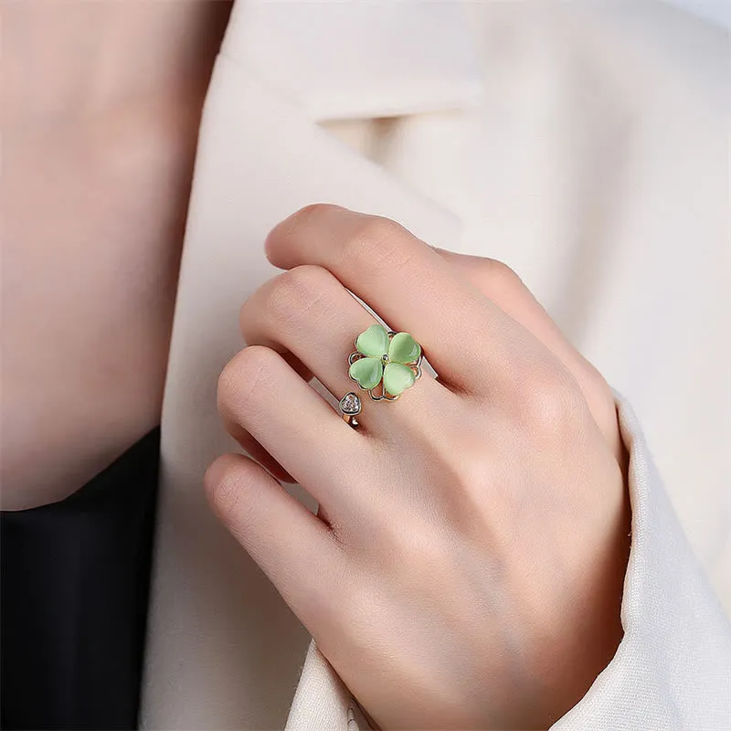 Luck Muse Cat's Eye Four-Leaf Clover Zircon Love Spinner Ring - Image 3