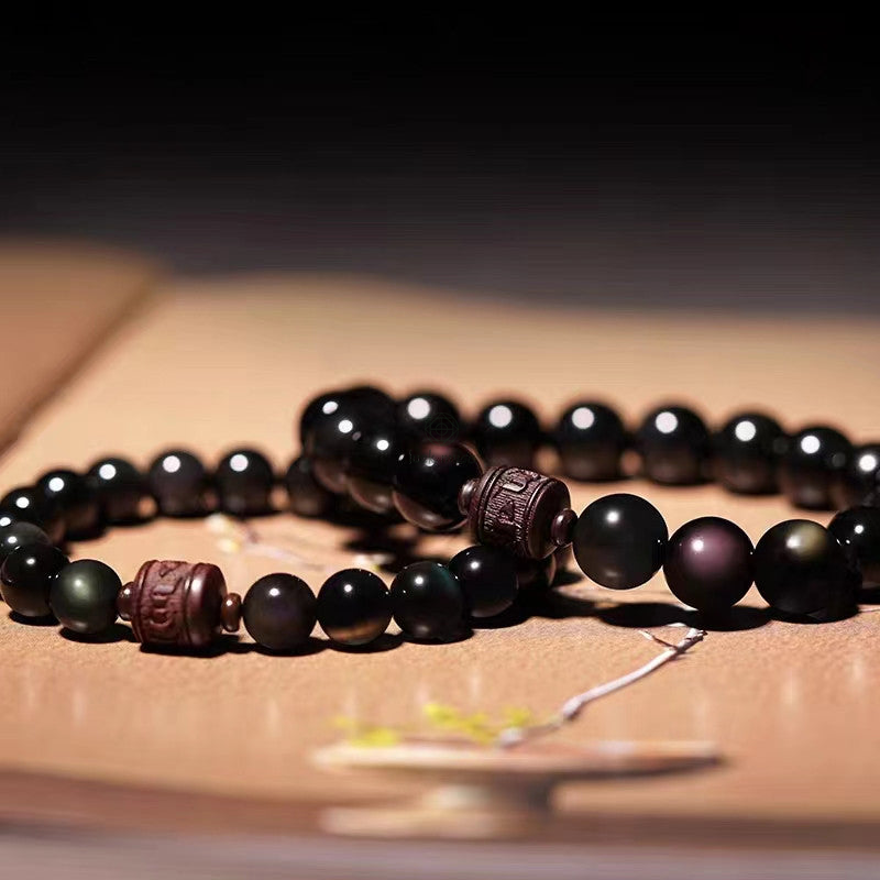 Natural Gold Sheen Obsidian Rainbow Obsidian Om Mani Padme Hum Healing Bracelet - Image 43