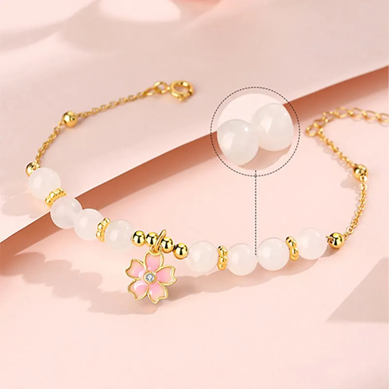 Luck Muse Sterling Silver Hetian White Jade Cherry Blossom Bracelet - Image 5