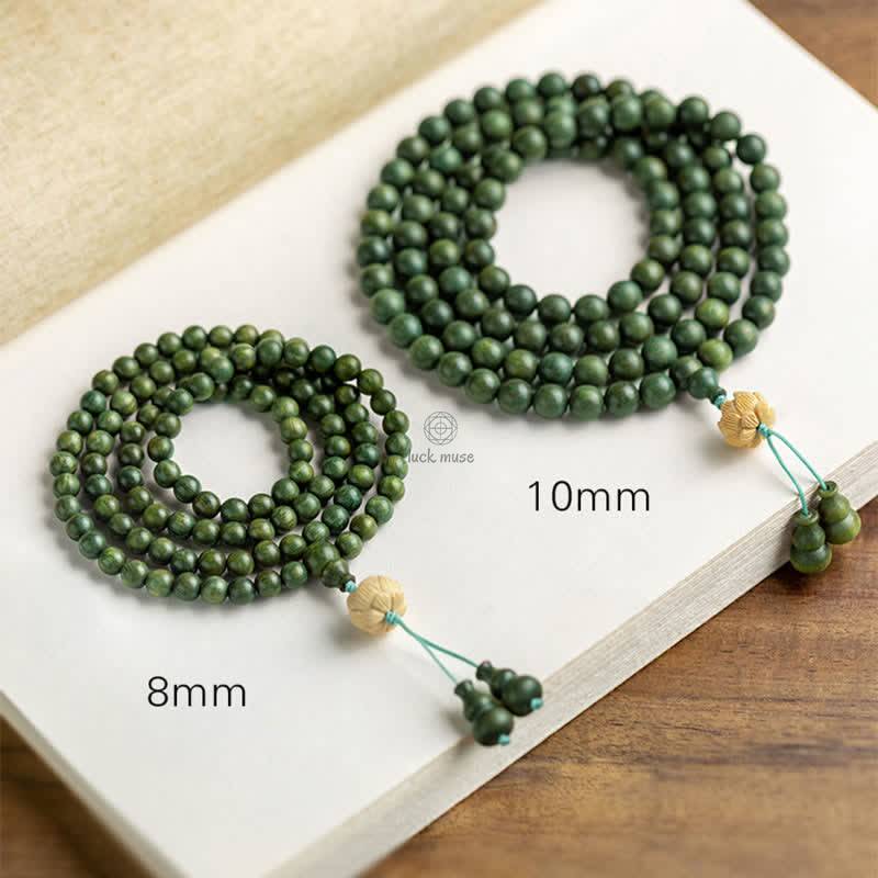 Luck Muse 108 Mala Beads Bracelet with Green Sandalwood Boxwood Lotus Design - Image 21