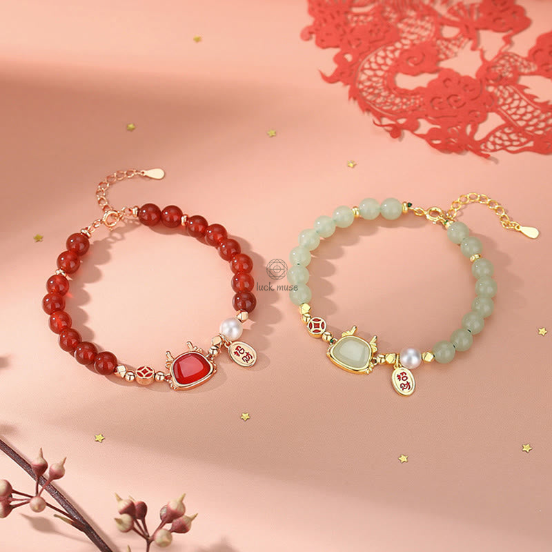 Luck Muse 925 Sterling Silver Dragon Year Natural Red Agate Hetian Jade Fortune Success Bracelet - Image 2