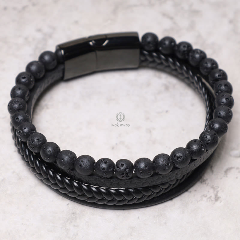 Natural Lava Rock Frosted Stone Bead Leather Bracelet with Black Onyx Accents - Image 8