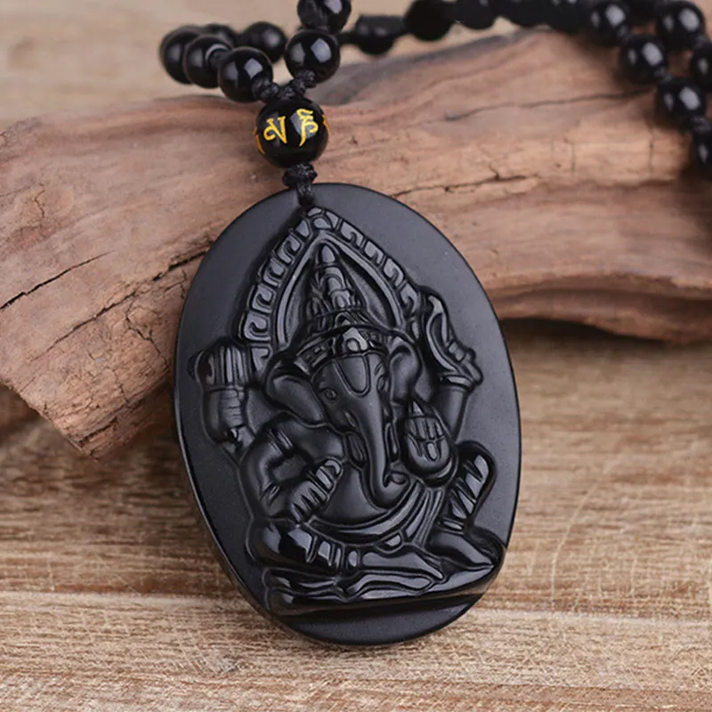 Tibetan Obsidian Ganesh Elephant Wealth Amulet Necklace - Image 2