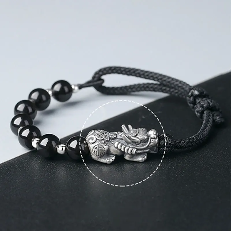 Luck Muse 999 Sterling Silver Feng Shui Pixiu Natural Black Obsidian Bracelet - Image 5