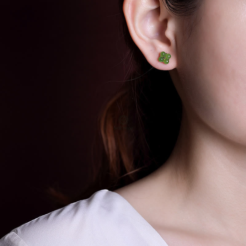 Luck Muse Gold-Plated 925 Sterling Silver Cyan Jade Clover Stud Earrings for Good Luck - Image 7