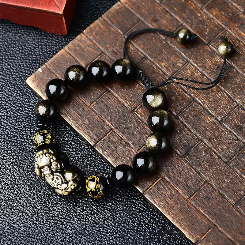 Natural Gold Sheen Obsidian PiXiu Wealth Bracelet with Om Mani Padme Hum - Image 7