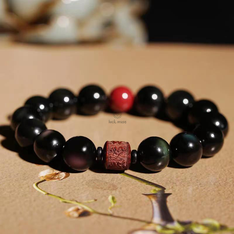 Natural Gold Sheen Obsidian Rainbow Obsidian Om Mani Padme Hum Healing Bracelet - Image 46